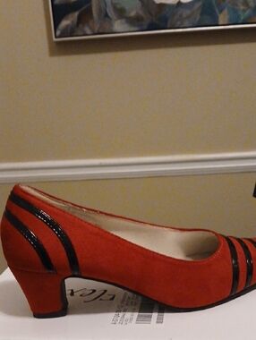 Red Suede Low Heel Pump with Black Patent Accent